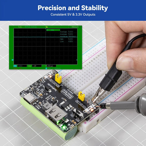 Portable Maker Friendly Breadboard Power Supply with Built-In Rechargeable Battery connected to a breadboard for testing