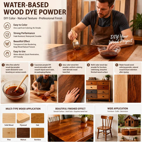 Real Deal Wood Dye Powder Bundle With Five Bright Fast Drying Pigments For Furniture And DIY Creations Just Mix With Water For A Durable Finish That Slays On Any Indoor Or Outdoor Surface Today, showcasing wood staining process.