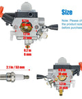 Stihl KM131R FS131 Carburetor Kit With Air Filter Spark Plug Gasket Fuel Line Fuel Filter And Repair Kit shown with dimensions.