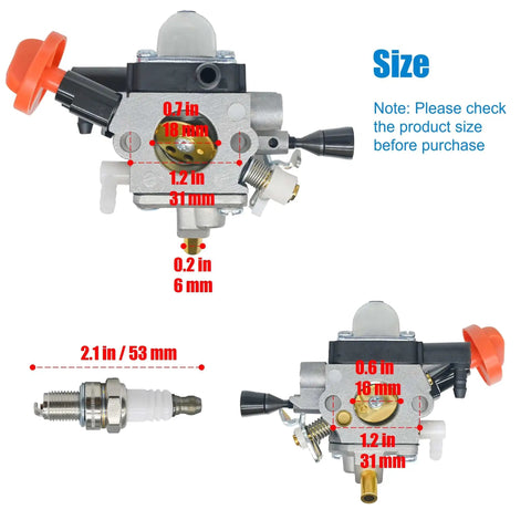 Stihl KM131R FS131 Carburetor Kit With Air Filter Spark Plug Gasket Fuel Line Fuel Filter And Repair Kit shown with dimensions.