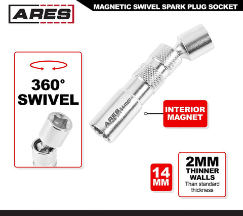 Magnetic Swivel Spark Plug Socket Set, 3/8 Inch Drive, Thin Wall Design showing 360° swivel, interior magnet, and thin walls.