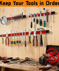 18-Inch Magnetic Tool Holder Strip Set, 4-Piece Red Metal Tool Organizer Rack With Stainless Steel Surface installed on wall