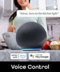 Voice-controlled smart speaker in kitchen enabling Smart WiFi Light Bulb With Alexa And Google Assistant No Fuss Setup