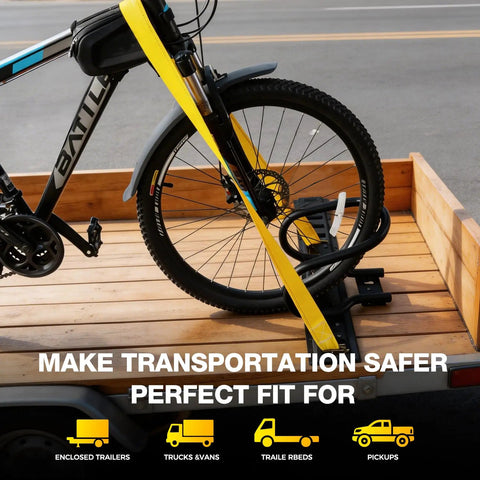 7 Inch Motorcycle Wheel Chock and E Track Ratchet Strap Bundle securing bicycle on trailer