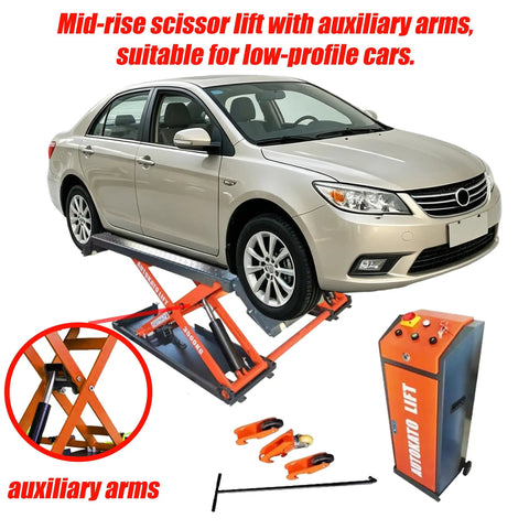 Smooth Operator Mobile Mid Rise Scissor Lift Featuring Electric Release And 8000 Pound Capacity For No Fuss Hydraulic Auto Lift On Full Size Trucks Suvs And Low Profile Rides with auxiliary arms.