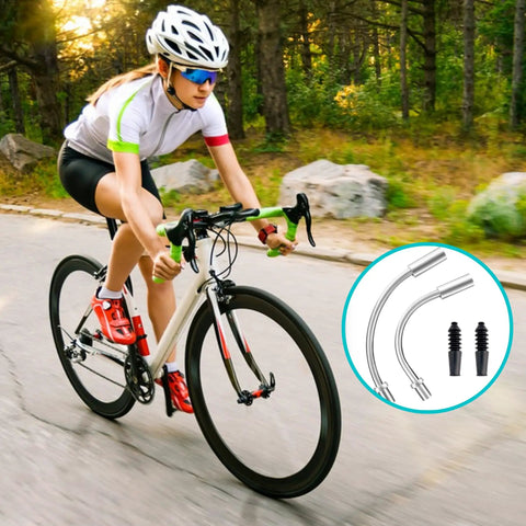 Cyclist riding with V Brake Noodle Cable Guide Pipe Kit With Rubber Boots For MTB Rigs And More, includes bend pipes on display