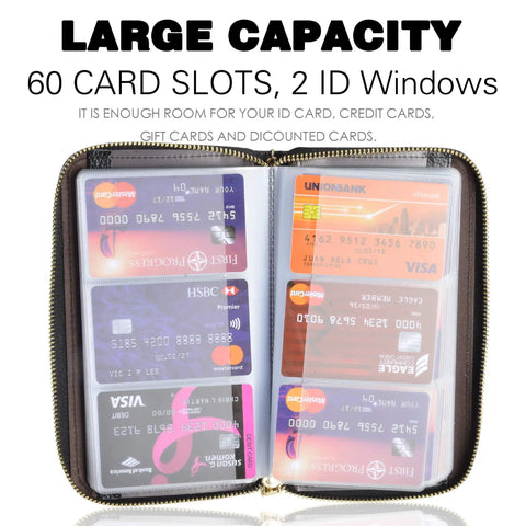 Womens RFID Blocking Leather Card Holder Wallet With Zipper Purse Case Mega Capacity Carry 60 Card Slots And 2 ID Windows
