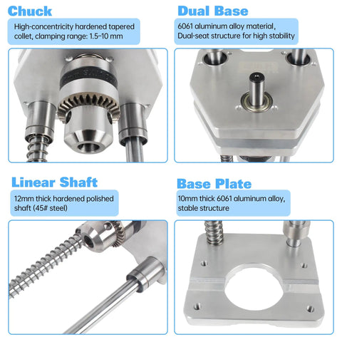 Close-up of chuck and base on 300mm Stroke Drill Press Stand With 6061 Aluminum Alloy Vertical Drill Guide, showing drill components.