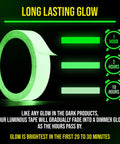 Glow In The Dark Tape That Lights Up Your Night All Night Long 15 Ft Long Rechargeable Reflective Glow Tape For Stairs Exit Signs Home Marking Halloween And Christmas Decor Indoor Outdoor Safety glowing in dark with duration chart