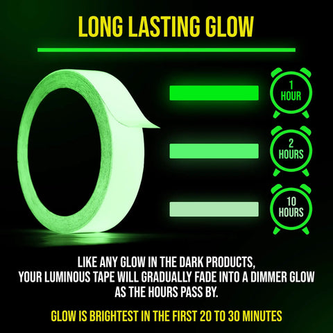 Glow In The Dark Tape That Lights Up Your Night All Night Long 15 Ft Long Rechargeable Reflective Glow Tape For Stairs Exit Signs Home Marking Halloween And Christmas Decor Indoor Outdoor Safety glowing in dark with duration chart