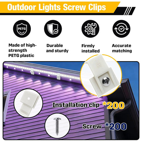 200 Piece Outdoor Cable Clip Kit With Mounting Brackets And Screws For Govee Permanent Outdoor Lights 2 Pro Replacement H705A Through H706C Durable Plastic Construction Keeps Cables Secured In Wind And Rain Easy To Install