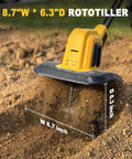 Cordless Garden Tiller Cultivator Compatible With 20V Battery Tool Only shown in soil, 8.7 inch width, 6.3 inch depth, 270 RPM, 48 steel tines