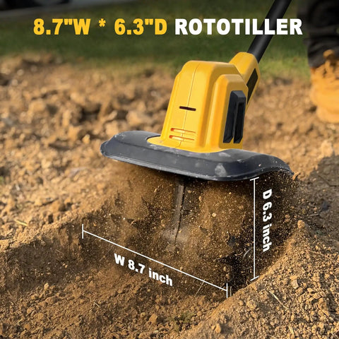 Cordless Garden Tiller Cultivator Compatible With 20V Battery Tool Only shown in soil, 8.7 inch width, 6.3 inch depth, 270 RPM, 48 steel tines