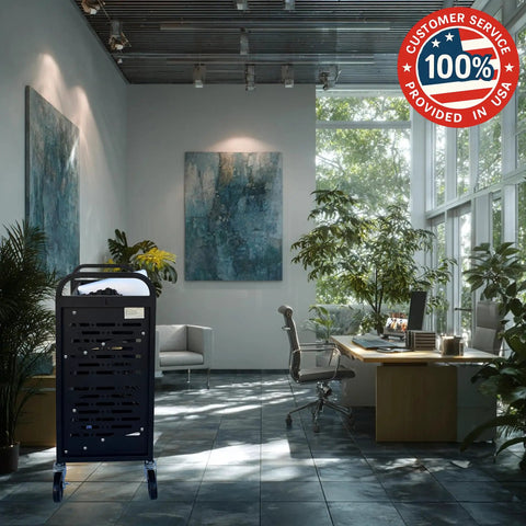Slick 32 Device Laptop Charging Cart With Built In Surge Protection in a modern office interior, black mobile charger cart.