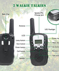 Outdoor Adventure Kit For Kids With Real Walkie Talkies showing front and back, antenna, buttons, display, and LED flashlight.