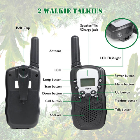 Outdoor Adventure Kit For Kids With Real Walkie Talkies showing front and back, antenna, buttons, display, and LED flashlight.