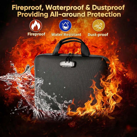 Hella Secure Fireproof Document Box With Lock And 13 Pocket Accordion File Folder in fire and water setting, showcasing durability and protection.