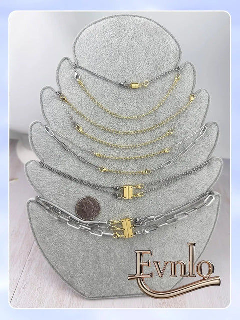 Display of All-In-One Necklace Extender And Magnetic Clasp Set For Layering, Gold And Silver Styles on jewelry stand