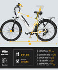 Dimensions and specs for Cityone 2.0 Electric Bike For Adults Who Wanna Cruise 65 Mile Range, 28 MPH Top Speed, 1200W Peak Motor, 499Wh Battery, 26 Inch Ebike, Front Suspension, 7 Speed Commuter Ride White shown