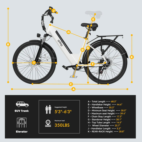 Dimensions and specs for Cityone 2.0 Electric Bike For Adults Who Wanna Cruise 65 Mile Range, 28 MPH Top Speed, 1200W Peak Motor, 499Wh Battery, 26 Inch Ebike, Front Suspension, 7 Speed Commuter Ride White shown