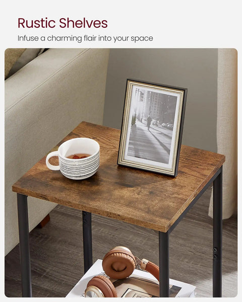 Set Of Two Industrial Style End Tables With Rustic Brown Tops And Matte Black Steel Frames, table with cup and frame on top