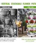 Vertical Strawberry Planter With 5 Tier Stackable Tower For Herbs Vegetables And Flowers Space Saving Outdoor Garden Planter Pot With Drainage System And Handy Tools Mover showing before and after use.