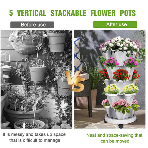 Vertical Strawberry Planter With 5 Tier Stackable Tower For Herbs Vegetables And Flowers Space Saving Outdoor Garden Planter Pot With Drainage System And Handy Tools Mover showing before and after use.