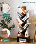 6 Shelf Retro Floor Standing Bookcase In Rustic Brown with books, safety features, and decor, in a home setting.