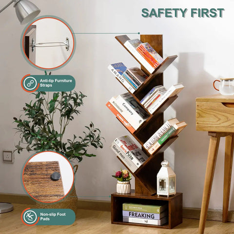 6 Shelf Retro Floor Standing Bookcase In Rustic Brown with books, safety features, and decor, in a home setting.