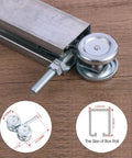 Heavy Duty Exterior Sliding Barn Door Roller Kit With Track Wheels For Doors From One And Three Quarters Inch To Two And One Quarter Inch, Solid Steel With Sealed Ball Bearings, 440 Lb Weight Capacity, Durable 2 Pack For Barn Gates And Shed Doors close-up showing steel wheels and track details.