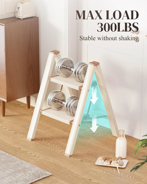 Two Step Folding Ladder With Wide 8 Inch Treads Aluminum Lightweight Step Stool Anti Slip Feet And Non Slip Stripes Heavy Duty 300 Lbs Capacity Sleek Cream Chocolate Finish For Home Or Garage Use in cream with weights on 2 steps