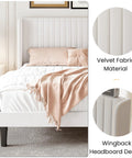 Top Notch Full Size Bed Frame With White Velvet Upholstery And Tufted Wingback Headboard Heavy Duty Steel Rails Solid Slats No Box Spring Needed Clean Bedroom Flex view showcasing tufted headboard and plush bedding.