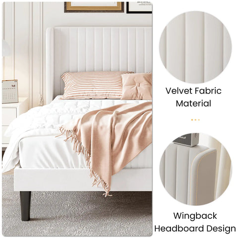 Top Notch Full Size Bed Frame With White Velvet Upholstery And Tufted Wingback Headboard Heavy Duty Steel Rails Solid Slats No Box Spring Needed Clean Bedroom Flex view showcasing tufted headboard and plush bedding.