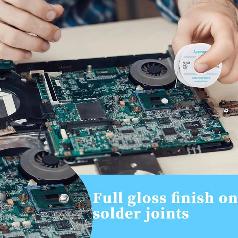 Person using 63-37 Tin Lead Rosin Core Solder Wire For Electrical Soldering 0.6mm Diameter 50g Reel on circuit board