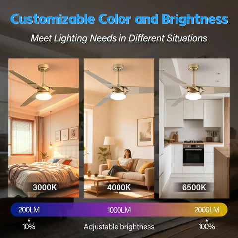 52 Inch Outdoor Wood Ceiling Fan With Lights And Remote, App Control, Timer, Reversible, Stepless Brightness And Color Temperature, Gold Finish, Six Blade Design Delivers Powerful Airflow For All Season Comfort