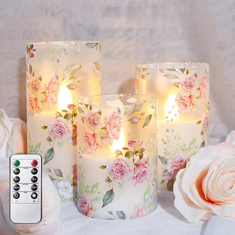 Pink Rose Flameless Candles Set Of 3 With Remote LED Glass Real Wax Look Romantic Date Night Vibes Home Wedding Bedroom