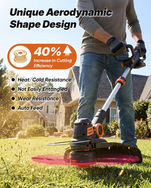 Person using a Replacement Trimmer Line Spool Set For Weed Eater Style Cordless Trimmers on grass, highlighting 40% efficiency increase.
