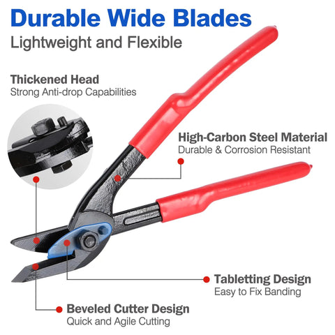 Pro Grade 3 In 1 Steel Banding Strapping Kit With Rock Solid Tensioner And No Fuss Metal Sealer Crimper handles, highlighting durable steel blades.