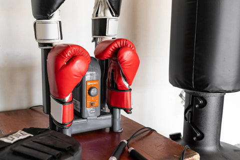 Heavy Duty Electric Shoe And Boot Dryer With Convection Heat Sweeps Moisture Out Of Work Boots And Ski Gear Four Port Quick Dry Cycle Kills Stink For Garage And Home Use with red boxing gloves