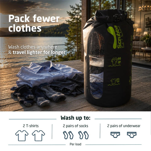 Lightweight Portable Travel Laundry Bag With Patented Washboard Interior For Quick Machine Quality Clothing Cleaning No Sweat outdoors by water.