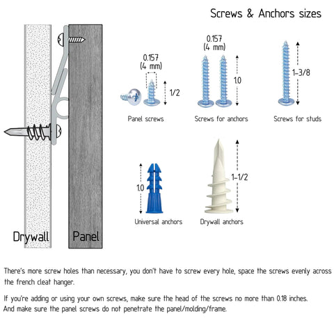 Drywall mounting diagram for Heavy Duty Mirror Hanging Kit With French Cleat And Z Clips, showing screw sizes and installation tips.