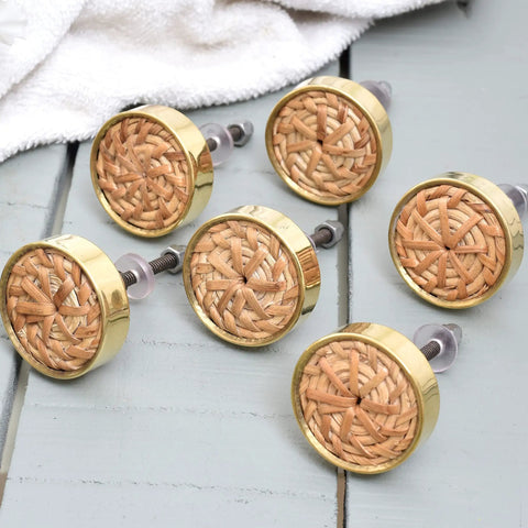 Top Shelf Brass Rattan Cabinet Knobs 6 Piece Set Natural Drawer Pulls For Kitchen Cabinets And Bedroom Dressers Rustproof Heavy Duty Furniture Hardware Built Tough To Last