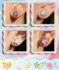 12 Pairs Hypoallergenic Screw Back Earrings Set For Women And Girls Surgical Steel With Cute Heart CZ Flower Pearl Ball Tiny Studs Totally Everyday Jewelry Collection, pink stud set shown on ear