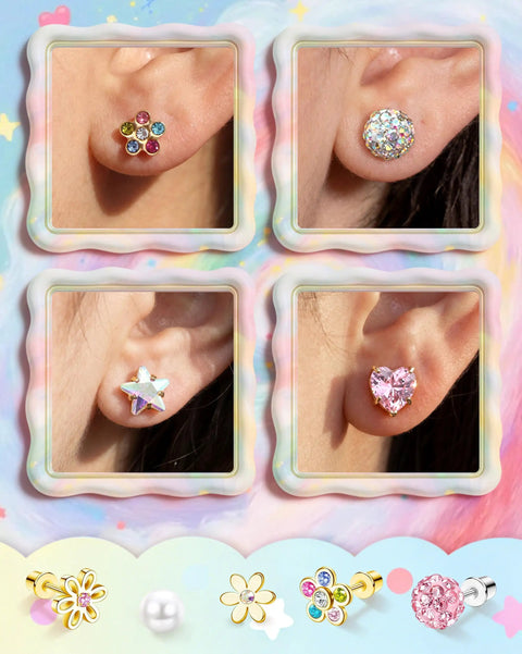12 Pairs Hypoallergenic Screw Back Earrings Set For Women And Girls Surgical Steel With Cute Heart CZ Flower Pearl Ball Tiny Studs Totally Everyday Jewelry Collection, pink stud set shown on ear