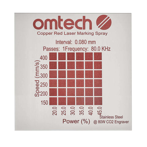 OMTech Copper Red Laser Marking Spray label for CO2 laser engravers, stainless steel compatibility
