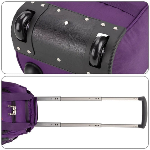 Wheels and handle detail of Rolling Personal Item Under Seat Duffle Bag 17x10x9 Inches Fits Most Major Airlines Including Spirit and Frontier
