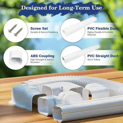 Components of 16.5 Ft Mini Split Line Set Cover Kit showing PVC flexible duct, ABS coupling, and screw set on wooden surface.