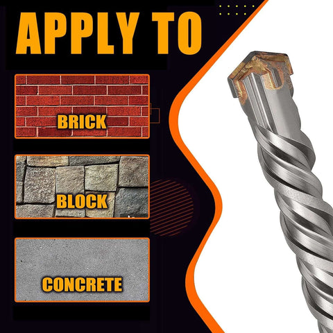 Front view of SDS Plus rotary hammer drill bit, 1-1/2 in dia, 23.6 in length, beside brick/concrete imagery