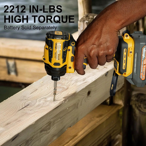 Man using Beast Quarter Inch Impact Driver For Dewalt 20V And 60V Max Batteries Tool Only, 2212 In Lbs Torque on wooden beam