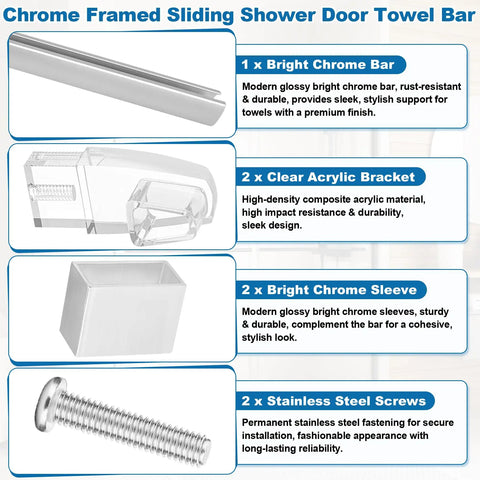 Top Shelf 30 Inch Bright Chrome Glass Shower Door Towel Bar With Sleek Silver Clear Brackets And Easy Peasy Handle Replacement components.